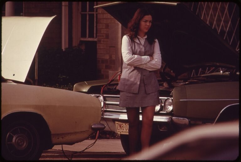COMMUTER WAITS AS HER CAR BATTERY IS CHARGED. SHERIDAN ROAD IN ROGERS PARK - NARA - 551927.jpg